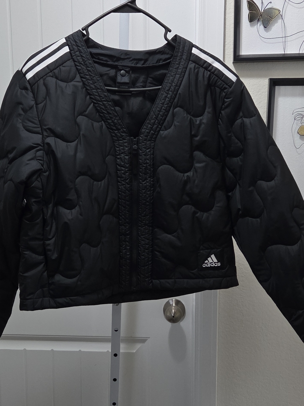 adidas Originals Black Quilted Cropped Puffer Jacket with White Stripes